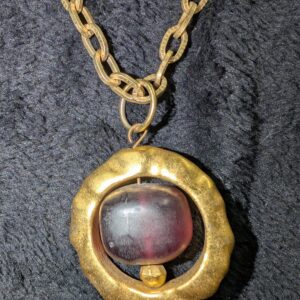 Vintage Chunky Gold-Tone Necklace | 40" Chain with Dark Purple-Brown Glass Stone Pendant | Bold Retro Statement Jewelry