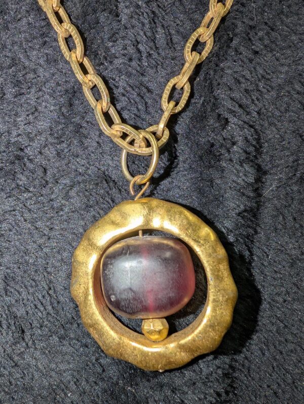 Vintage Chunky Gold-Tone Necklace | 40" Chain with Dark Purple-Brown Glass Stone Pendant | Bold Retro Statement Jewelry