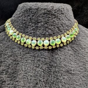 Vintage Green Rhinestone Choker Necklace | Fluorite-Colored Stones & Gold-Tone Setting | Adjustable 10.5-14” Length