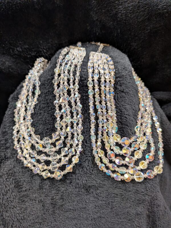 Choice of Vintage Five-Strand Aurora Borealis Crystal Necklaces | Graduated Multi-Strand Design | Adjustable 13-16” Choker