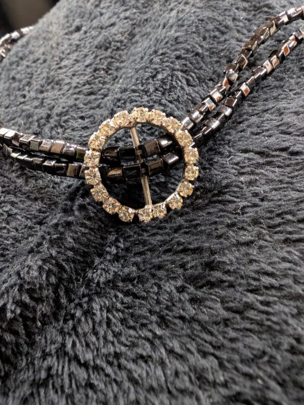 Vintage Black Square Bead Necklace | 24” Beaded Strand with Rhinestone Accent Pendant | Elegant Retro Jewelry