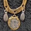 Vintage 30” Gold-Tone Hammered Oval Pendant Necklace | Warrior Medallion & Ornate Charms | Boho Statement Chain with Mixed Metals - Image 7