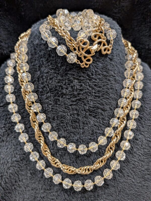 Vintage Sarah Coventry Three-Strand Clear Bead with Gold Chain Necklace & Bracelet Set | 18"-20" Necklace | 7" Bracelet