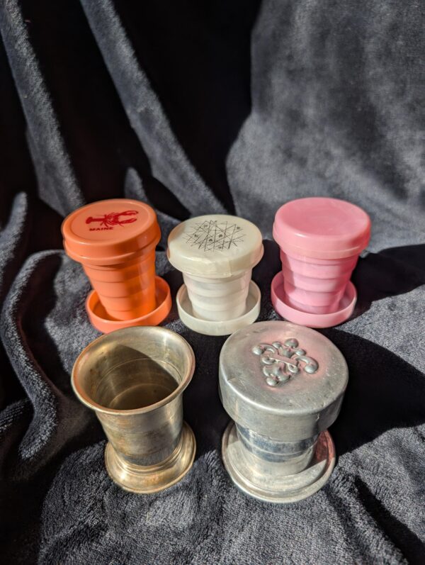Vintage Collapsible Cups Silver, Pink, White/ Metal and Plastic / Travel Cup Collectibles / Fleur-de-Lis Embossed Lid / Maine Lobster Lid /