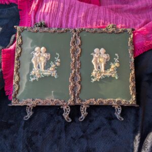 RARE FIND! Antique Victorian Tri-Fold Vanity Mirror with Raised Celluloid Cherub on Green Background / Unique Antique Travel Tri-Fold Mirror