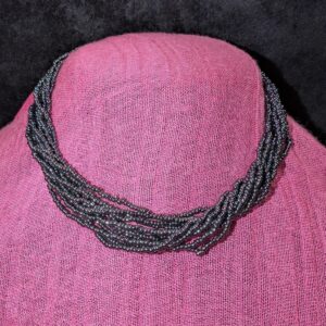 Vintage 16-Inch Multistrand Black Beaded Necklace with Brass End Caps | Elegant Layered Statement Jewelry