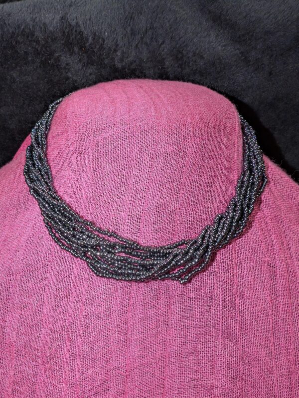 Vintage 16-Inch Multistrand Black Beaded Necklace with Brass End Caps | Elegant Layered Statement Jewelry