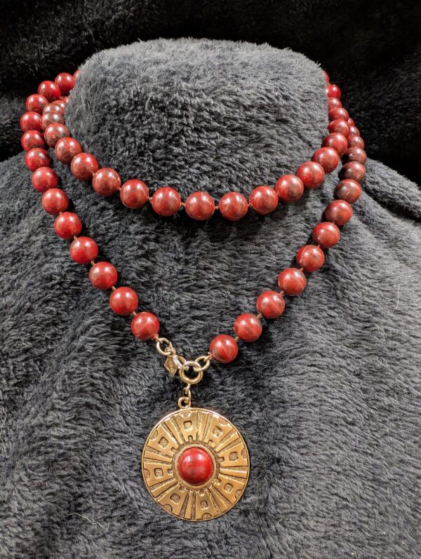 Vintage Sarah Coventry 36" Mahogany Beaded Necklace with Medallion | 1978 "Safari" Collection | Boho Chic Statement Jewelry