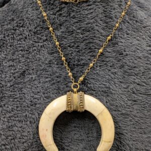 Vintage Bone-Style Horn Crescent Pendant Necklace | 36” Brass Chain | Boho Statement Jewelry with Ornate Brass Accents