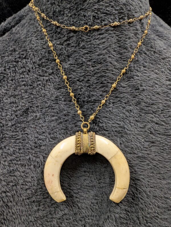 Vintage Bone-Style Horn Crescent Pendant Necklace | 36” Brass Chain | Boho Statement Jewelry with Ornate Brass Accents