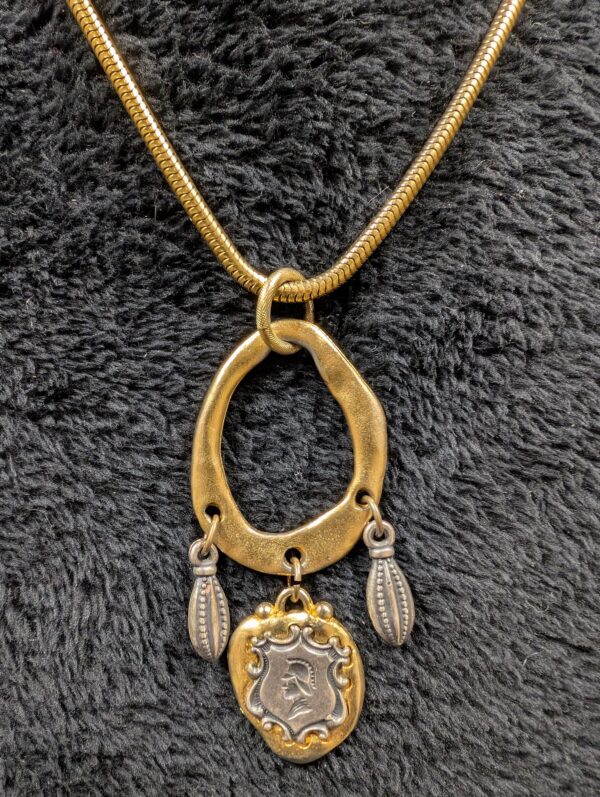 Vintage 30” Gold-Tone Hammered Oval Pendant Necklace | Warrior Medallion & Ornate Charms | Boho Statement Chain with Mixed Metals