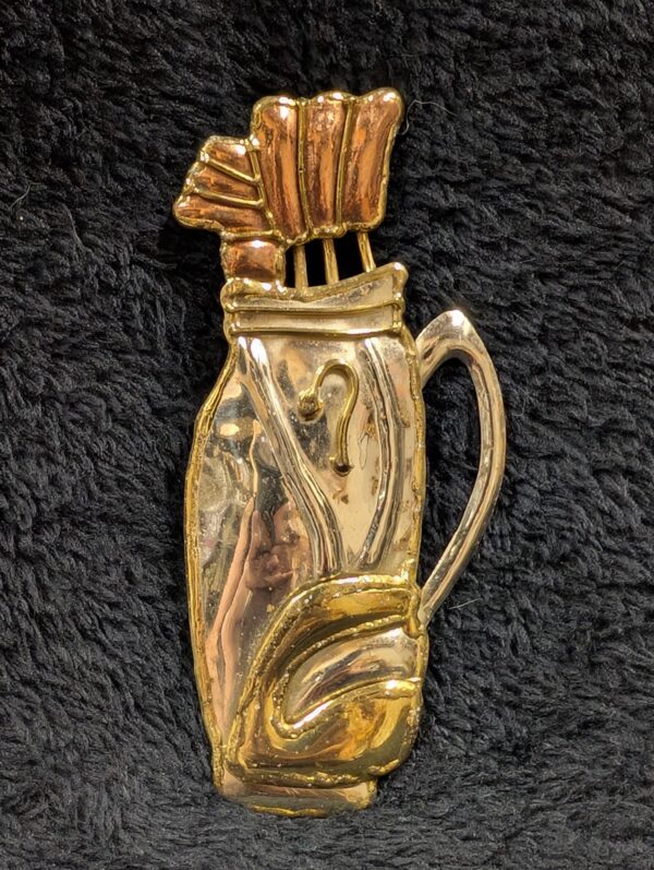 Vintage Handcrafted Golf Bag Brooch | Mixed Metal Copper, Gold & Silver Tone Pin – Unique Gift for Golf Lovers | A Hole-in-One Find!