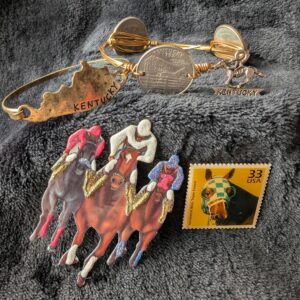 Kentucky Derby Jewelry | Secretariat Pin | Equestrian Charm, Horse Racing & State Pride | KY State and Quarter Bracelet | Jockey Brooch