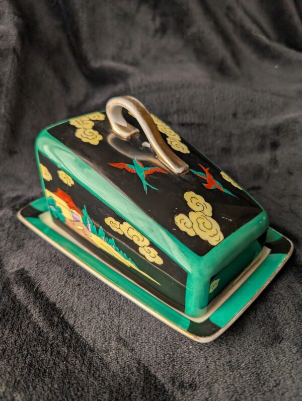 Vintage Noritake Covered Cheese Butter Dish | Hand-Painted Japanese Scene | Iridescent Base | Rare Porcelain Collectible | Art Deco Japan