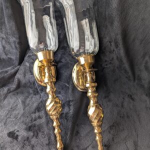 Vintage Brass Pair Wall Sconces | Elegant Pair of Large Candle Holders | Ornate Antique Lighting | Indian Brass and Glass Decorative Sconces