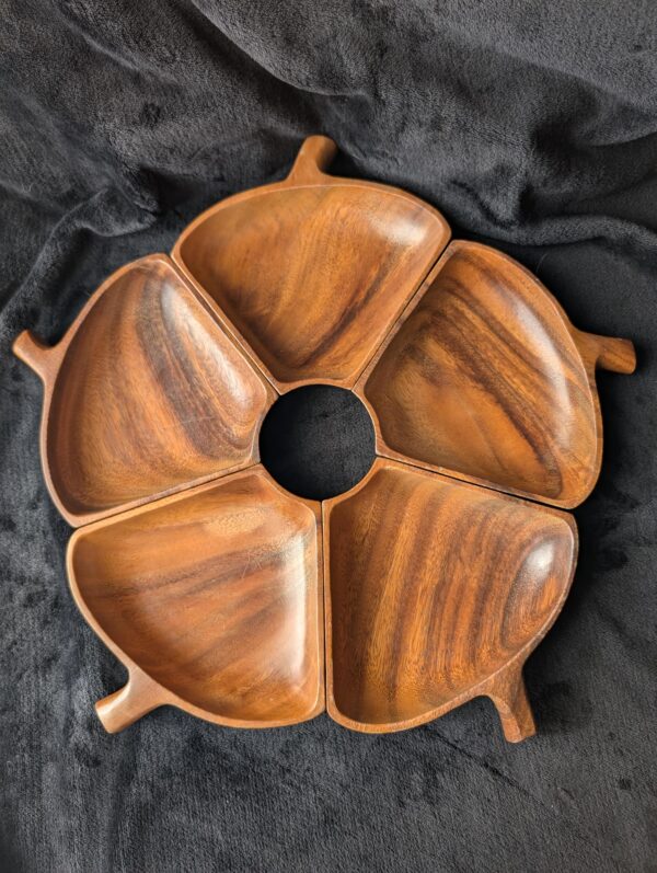 Vintage Monkey Pod Wood Snack Bowls | Leaf-Shaped Mid-Century Serving Set | Rustic Tropical Hardwood Entertaining