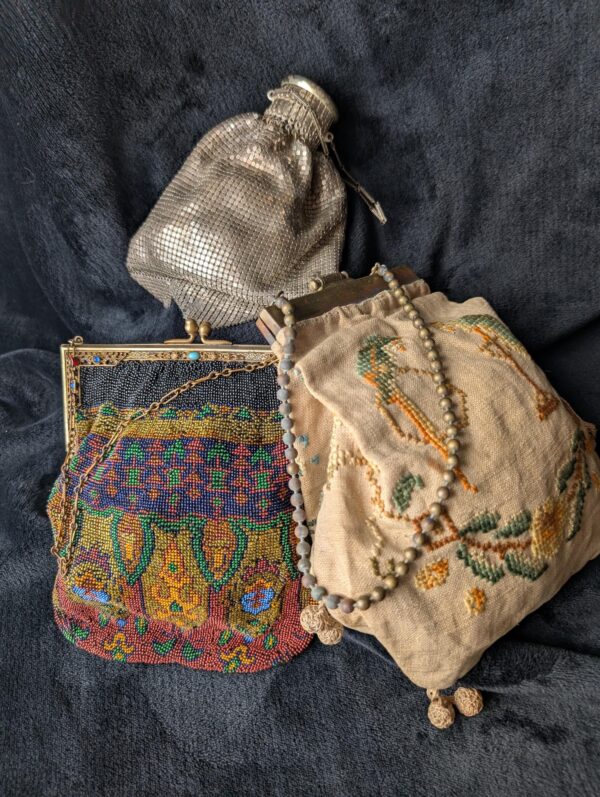 Antique Whiting & Davis Mesh Bag | Beaded Art Deco Purse | Handmade Embroidered Reticule | 1900s-30s Vintage Handbags