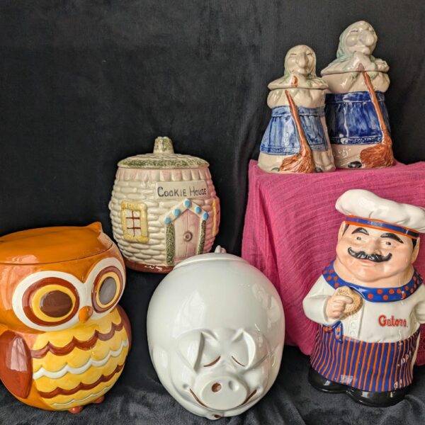 Vintage Cookie Jars | Choice of Retro Owl, Quigley "The Happy Sleeping Pig" McCoy, Chef Gator Fan, Baba Yaga 8" or 10", or the Cookie House