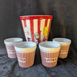 Vintage Ceramic Popcorn Bowl Set | Large Serving Bowl & 4 Individual Bowls | Retro Movie Night Decor