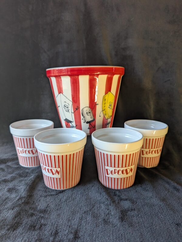 Vintage Ceramic Popcorn Bowl Set | Large Serving Bowl & 4 Individual Bowls | Retro Movie Night Decor