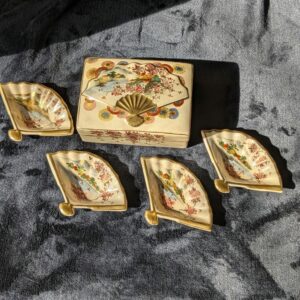 Antique Japanese Satsuma Dresser Box | Taisho Period Hand-Painted Porcelain with 4 Fan Trinket Trays