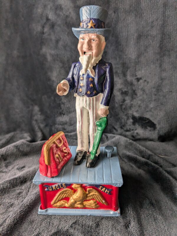 Vintage Uncle Sam Cast Iron Mechanical Bank | Patriotic Americana Collectible | Working Reproduction Coin Bank