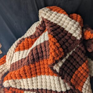 Vintage Crochet Afghan | 70s Handmade Blanket in Brown & Orange | Cozy Retro Popcorn Stitch Throw