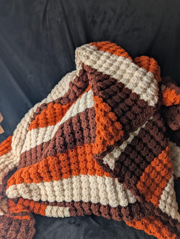 Vintage Crochet Afghan | 70s Handmade Blanket in Brown & Orange | Cozy Retro Popcorn Stitch Throw