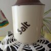 Vintage Brown & Cream Plastic Salt and Pepper Shakers | Bold Font Retro Kitchen Decor | Mid-Century Modern Style | 5.5" Tall Shaker Set - Image 2