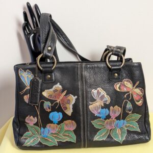 Anna by Anuschka Leather Purse | Hand Painted Butterfly and Floral Bag | 14" Wide | Interior Divider and Pockets | Artistic and Functional