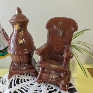 Vintage Novelty Salt & Pepper Shakers | Brown Ceramic Rocking Chair and Pot-Belly Stove | Clinton CT Souvenir | Fun Collectible Shakers