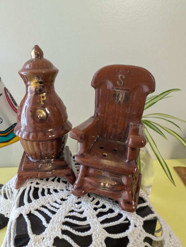 Vintage Novelty Salt & Pepper Shakers | Brown Ceramic Rocking Chair and Pot-Belly Stove | Clinton CT Souvenir | Fun Collectible Shakers