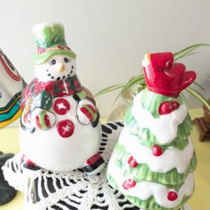 Fitz and Floyd Christmas Tree & Snowman Salt and Pepper Shaker Set | Ceramic Holiday Shakers | Collectible Christmas Kitchen Decor