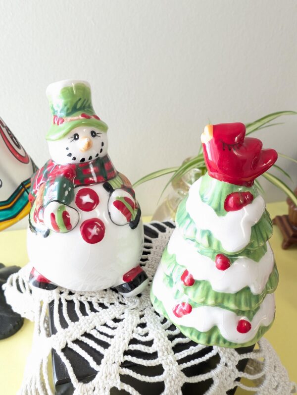 Fitz and Floyd Christmas Tree & Snowman Salt and Pepper Shaker Set | Ceramic Holiday Shakers | Collectible Christmas Kitchen Decor