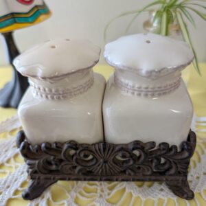 Chris Madden Forêt Salt & Pepper Shaker Set | Ivory Ceramic with Cast Iron Stand | JCPenney Home Collection | Rustic French Kitchen Decor