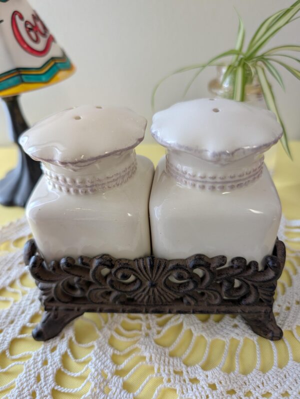 Chris Madden Forêt Salt & Pepper Shaker Set | Ivory Ceramic with Cast Iron Stand | JCPenney Home Collection | Rustic French Kitchen Decor
