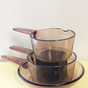 Vintage Amber Vision Cookware Set | Corning Glass USA & France | 1L, 1.5L Sauce Pans + Skillet | Retro Transparent Cookware
