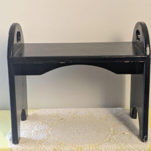 Vintage Solid Wood Stool | Painted Black Wood Footstool or Plant Stand | Rustic Cottagecore Decor with Cutout Sides – Shabby Charm!