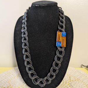 Vintage Anne Klein Modernist Necklace | Black Metal Chain with Faceted Lucite Blue & Orange Accent | Bold 1980s | Statement Piece