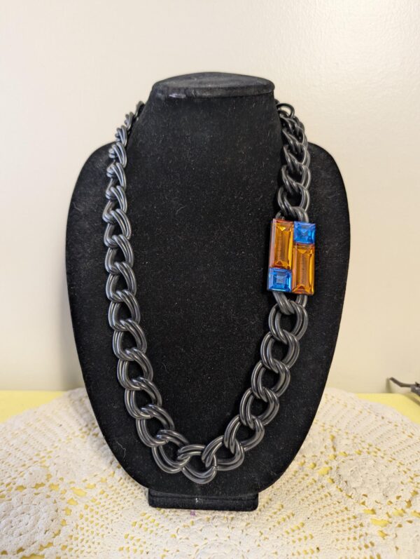 Vintage Anne Klein Modernist Necklace | Black Metal Chain with Faceted Lucite Blue & Orange Accent | Bold 1980s | Statement Piece