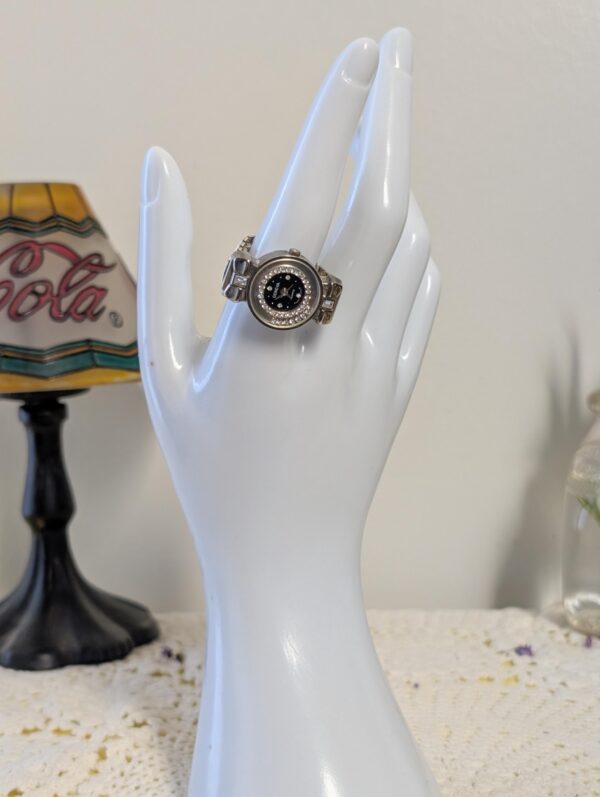 Vintage Geneva Ring Watch | Silver Toned with Crystals Finger Watch | Floating Crystals Bezel Silver Tone Quartz Timepiece | Finger Fads