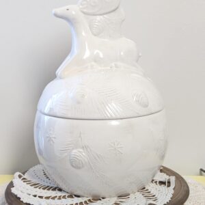 Vintage White Ceramic Reindeer Cookie Jar | Whimsical Holiday Jar with Embossed Pine & Starburst Details | Gramma's Cookies