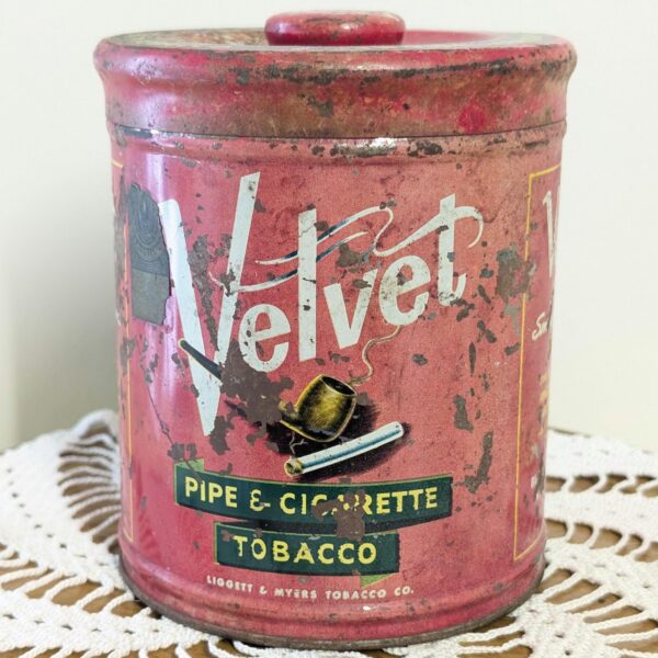 Velvet Pipe & Cigarette Tobacco Tin | Vintage Red Tobacco Canister with Pipe Illustration | Liggett and Myers Smoking Collectible