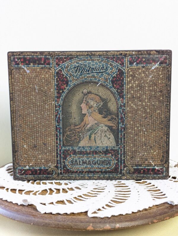 Antique Whitman’s Salmagundi Chocolate Tin | 1920s Art Nouveau Mosaic Lady | Collectible 2lb Advertising Box