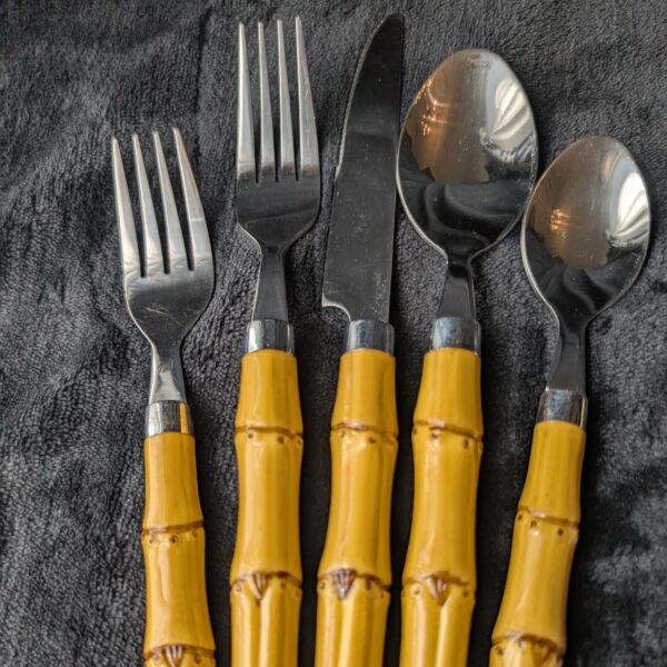 Vintage Faux Bamboo Flatware Set | 20-Piece Stainless Steel Cutlery | Retro 4-Place Setting Set