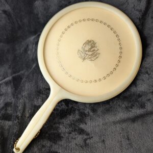 Vintage Vanity Hand Mirror | Gold Rose Inlay | Elegant Celluloid-Look Dressing Table Mirror | Vintage Plastic Hand Mirror