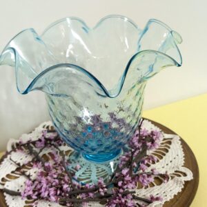 Vintage Blue Hobnail Vase | Ruffled Edge Art Glass | Mid-Century Hand Blown Style | Light Catching Beauty | Elegant Curvy Statement Piece
