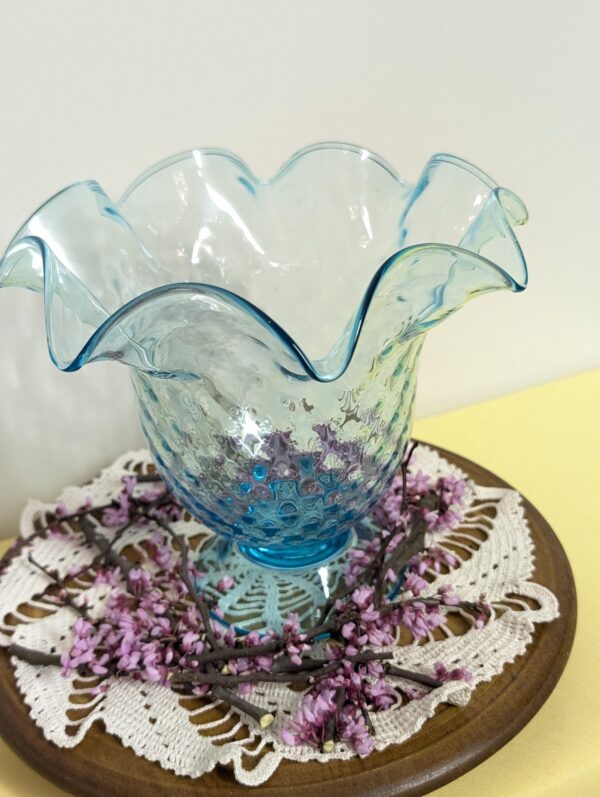 Vintage Blue Hobnail Vase | Ruffled Edge Art Glass | Mid-Century Hand Blown Style | Light Catching Beauty | Elegant Curvy Statement Piece