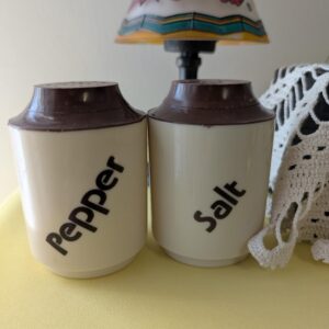Vintage Brown & Cream Plastic Salt and Pepper Shakers | Bold Font Retro Kitchen Decor | Mid-Century Modern Style | 5.5" Tall Shaker Set
