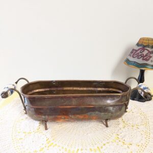 Vintage Copper Tub Planter with Floral Ceramic Handles | Rustic Footed Metal Planter | Cottagecore Home Decor | Antique Charm | Unique Gift